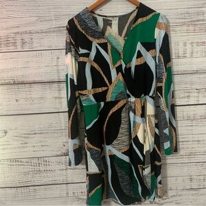 Nine West Green/black/gold Geometric Print Long Sleeve Faux Wrap Dress Size LG